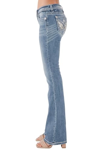 Miss Me Women's Silver Butterfly Embellished Faux Flap Pockets Mid-Rise Bootcut Jeans3