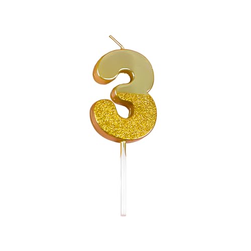 Image of Birthday Number Candles 3 for Kids Cake Topper Decoration Sparkle Gold Metallic Drip-Resistant Candles for Wedding Anniversary Graduation Retirement Third Year Celebration Size 5 x 3.5 cm