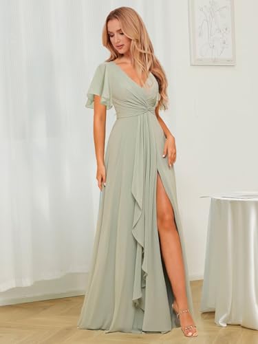 Women's Long Bridesmaid Dresses with Pockets Slit 2025 Short Sleeves Formal Evening Dress A Line s394