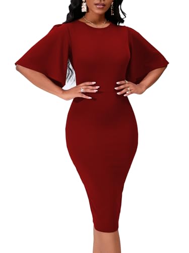 Image of WanMem Womens Basic Bodycon Ruffle Flared Short Sleeve Pencil Midi Dress