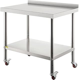 VEVOR Stainless Steel Prep Table, 36 x 24 x 35 Inch, 440lbs Load Capacity Heavy Duty Metal Worktable with Backsplash Adjustable Undershelf & 4 Casters, Commercial Workstation for Kitchen Restaurant
