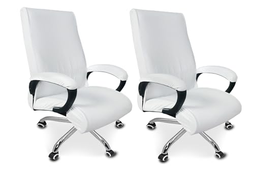 Stylista Textured Elastic Boss Chair Cover Protector Seat Slipcovers with Handle Cover, Lycra Spandex, White, 1 Seater, Pack of 2
