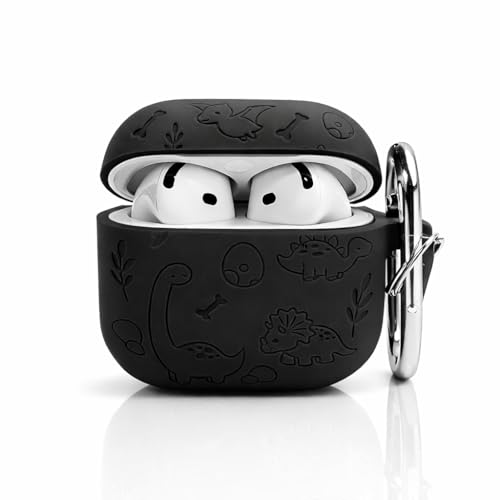 Image of Emoh Roced Case for Airpod 4 with Keychain,Silicone Dinosaur Engraved Cases Compatible with Apple AirPods 4th Generation 2024, Anti-Scratch, Protective Case Cover (Black, for AirPods 4)