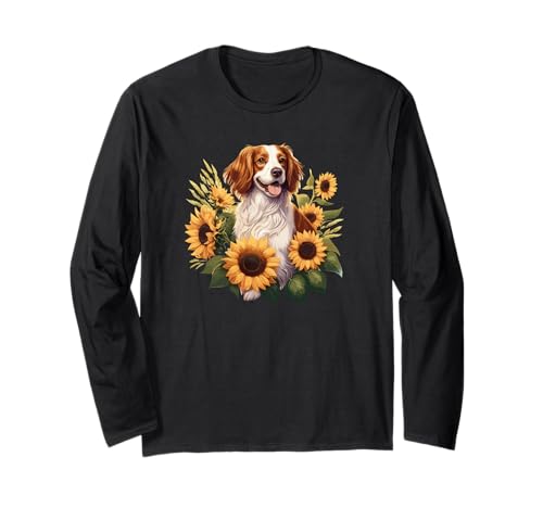 Womens Girls Cute Funny Sunflowers Brittany Spaniel Lover Maglia a Manica
