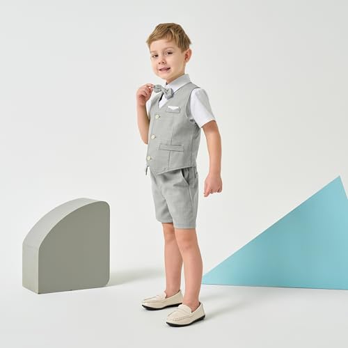Image of Volunboy Baby Boys Summer Suits Short Sleeve Wedding Ring Bearer Outfits 4Pcs Graduation Dress Vest Shirt Bowtie Shorts Set