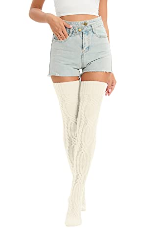 Image of YELAIVP Women's Thigh High Socks Over Knee Cable Knit Boot Stockings Winter Long Warm Leg Warmers
