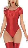 FEOYA Women's Oil Shiny Glossy Romper Sexy Short Sleeve One Piece Catsuit Satin Jumpsuit Dance Leotard Club Lingerie Red