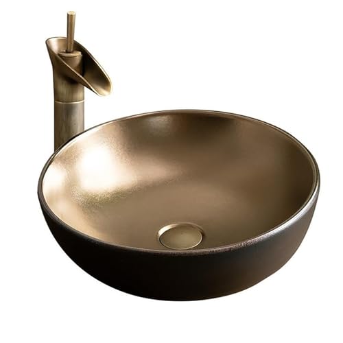 Vasque Vasque en Céramique Dorée, 43 cm, avec Bonde Clic-clac, Vasque à Poser, pour Salle D'Eau ou Meuble-lavabo