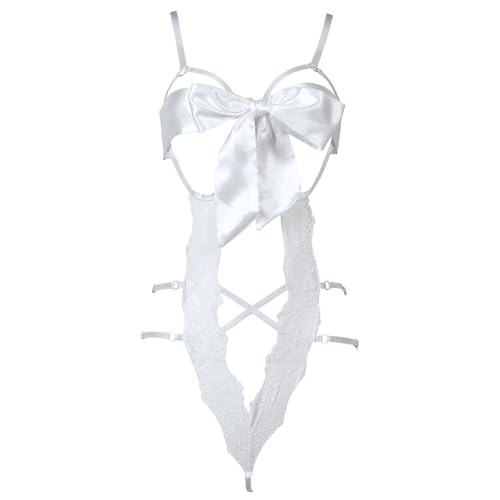 BSBUY Dessous Damen Spitze Body Babydoll Teddy Bodysuit mit Bogen Mesh Unterwäsche Translucent Spitze Riemchen Dessous Overall Lingerie Verstellbar...