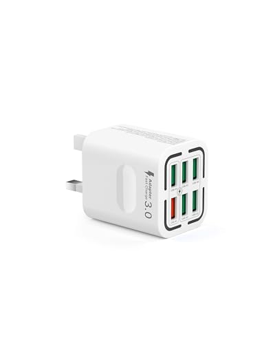 USB Plug UK, 50W 6-Port USB Wall Charger Plug Multi Port Power Adapter + QC Wall Plug Multiport Mains Charging Plug for iPhone 16 15 14 13 12 11 Pro Max SE XS XR Plus, Samsung, iPad, AirPod