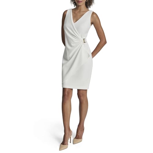 Image of DKNY Women's Sleeveless V-Neck Ruched D Buckle Hardware Faux Wrap Dress