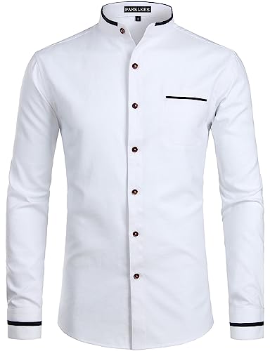 PARKLEES Mens Hipster Design Grandad Collar Oxford Shirt Slim Fit Long Sleeve Casual Button Down Dress Shirts with Pocket White M