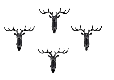 Image of Deer Head Wall Hooks Behind Door Keys Coat Hangers Self Adhesive Wall Door Hook Hanger Bag Keys Sticky Holder Plastic for Home, Living Room, Bedroom, Bathroom (Pack of 4, Black)