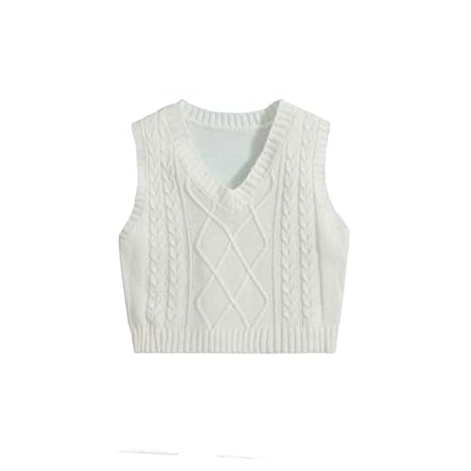 OYOANGLE Girl's Cable Knit V Neck Sweater Vest Sleeveless Pullover Knitwear Tank Tops White 11-12Y