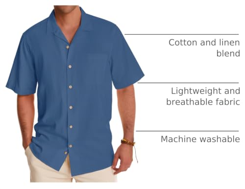 Image of Alimens & Gentle Mens Linen Shirts Cotton Hawaiian Shirts Short Sleeve Button Down Shirts Casual Summer Beach Tops