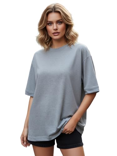 Image of LEOTUDE Women's cotton Oversized Fit Oversized Half Sleeve Tshirt, Round Neck Longline Drop Shoulder Solid T-Shirt