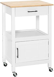 TANGZON Kitchen Trolley Cart, Rolling Kitchen Island on Wheels with Cabinet, Open Shelf, Drawer, Rubber Wood Worktop & 3 Hooks, Utility Serving Trolley for Dining Living Room Restaurant