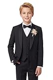 WULFUL Boys 5 Pieces Tuxedo Suit Set Kids Suits Shawl Collar Jacket Pant Vest and Bow Tie for Wedding Ring Bearer Party Prom Black