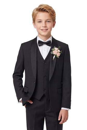 WULFUL Boys 5 Pieces Tuxedo Suit Set Kids Suits Shawl Collar Jacket Pant Vest and Bow Tie for Wedding Ring Bearer Party Prom Black