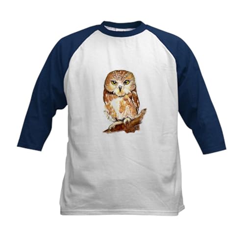 CafePress Watercolor Saw Whet Cute Little Owl Baseball Jerse Kids Cotton Baseball Jersey, 3/4 Raglan Sleeve Shirt Navy/White
