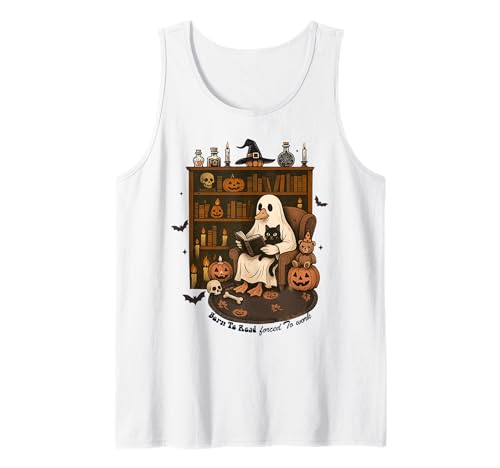 Halloween Book Lover Goose Cat Biblioteca Lectura Libros Trabajo Camiseta sin Mangas