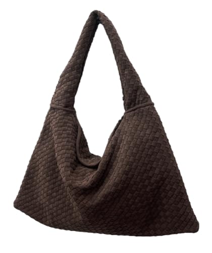 Gewebte Hobo-Tasche aus Wildleder für Damen, lässige Wildleder-Tragetasche mit Tragegriff oben, Vintage-Umhängetasche, gewebte Geldbörse, Kaffee,...