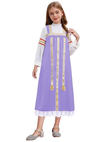 Child Girls Russian Ethnic Performance Dress Embroidered Blouse with Overalls and Headpiece White&Purple 8 Years