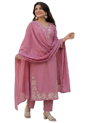 Ensemble kurta en coton brodé main rose layette GoSriKi élégant pour femme