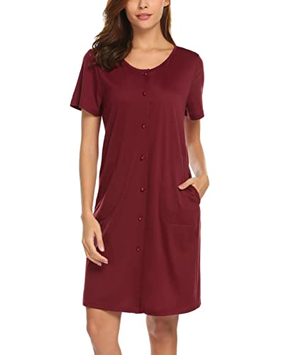 Marvmys Damen Nachthemd Baumwolle - Bequem Mit Knopfleiste & Brusttasche