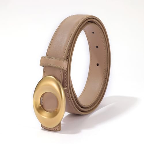 KONQUWA Women's Elegant Casual Genuine Leather Belt with Matte Oval Vintage Gold Buckle for Jeans Pants Dresses (Milk Tea/Vintage Gold Buckle,24″-33″) — view 2