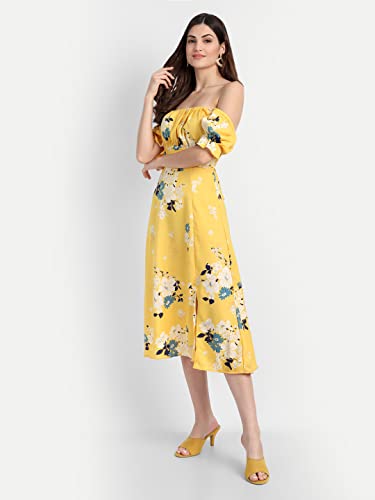 Image of Yellow Floral Print Ruched Bust Midi Dress