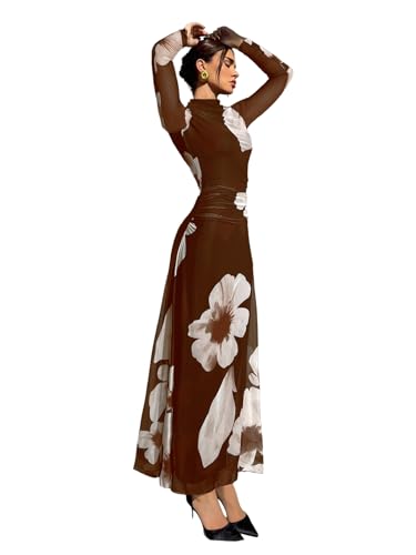 Image of Verdusa Women's Floral Wedding Guest Dress Long Sleeve Mesh Slimming Cocktail Vacation Maxi Dresses