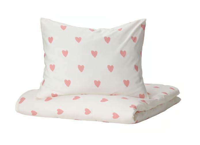 IKEA BARNDRÖM Bettbezug und Kissenbezug, 140x200 / 80x80 cm, Herzmuster...