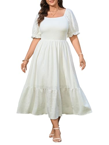 CICIDUDU Plus Size Summer Maxi Dresses for Curvy Women Square Neck Smocked Casual Milkmaid Boho Wedding Guest Dress White