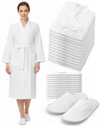 Image of Jecery Waffle Bathrobe and Slippers Bulk Set Spa Robes Hotel Bath Lightweight Thin Commercial Soft for House Shower Party