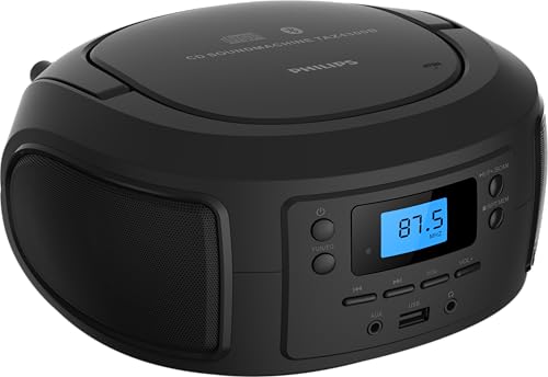 Philips CD Player Portable with Bluetooth, Crystal Clear Sound Top Loading CD Boombox with FM Radio, USB Port & Aux Input, Compact & Lightweight Design,R/CD-RW/MP3 Compatible (Black)