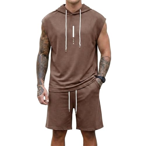 Image of Lexiart Mens Short Sets Sleeveless Workout Hooded 2 Pieces Outfits
