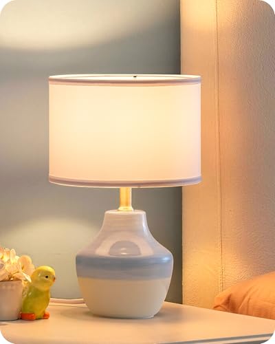 EDISHINE 11.8" Ceramic Table Lamp, Light Blue & Cream Base, Modern Bedside Table Lamp with TC Fabric Shade, Bedside Lamp for Bedroom, Living Room, E14 2700K LED Bulb Included, On-Off Line Switch
