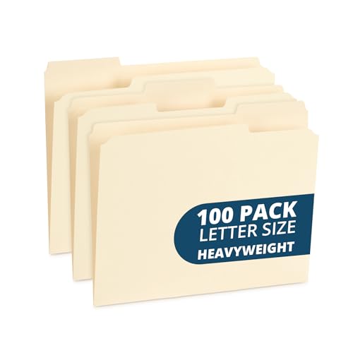 Image of Blue Summit Supplies 100 Heavy Duty Manila File Folders, Letter Size, 14pt | Heavy duty 14pt manila, reinforced 1 /3 cut tabs, for office, home, and classroom document filing
