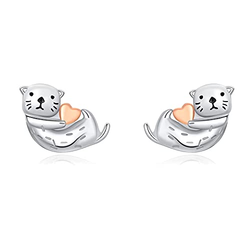 Sea Otter Stud Earrings 925 Sterling Silver Post Tiny Cute Animal Promise Love Heart Statement for Women Small Cartilage Delicate Lovely Jewelry for Daughter Niece