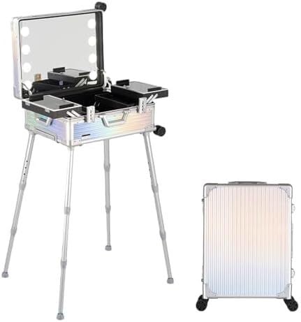 Profesional de gran tamaño Estuche de maquillaje con ruedas Estuche de tren de maquillaje con carrito de aluminio con luces LED Estuche de maquillaje cosmético profesional Estudio con soporte Luces ro