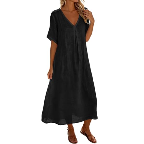 Duohropke Vestido de verano largo para mujer, vestido largo de verano, manga corta, de lino, vestido de verano fluido, vestido de verano, moderno, monocolor, vacaciones, playa, bohemio, cuello en V