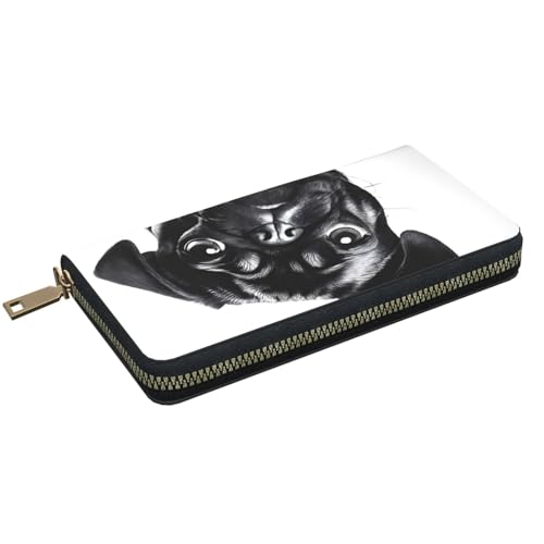 Leather Wallet for Women Ladies Novelty Printed Around Zipper Long Wallet Phone Purse Credit Card Holder, Cute Black Pug Dog2