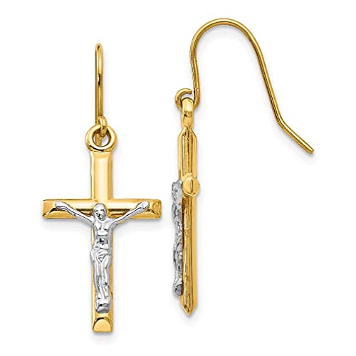 14K Two Tone Lord Jesus Christ Crucifix Holy Cross Earrings Drop Dangle Religious Fine Jewelry For Women Gifts For Her #TOP17
