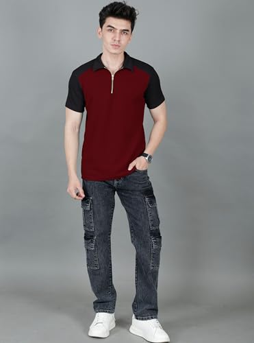 Image of London Hills Men's Loose Fit Half Sleeve Color Block Polo T-Shirt with Zip Collar | Premium Polyester Fabric | T Shirt for Man | Tshirt | Shirts Men | Tshirt for Man | Men T-Shirts