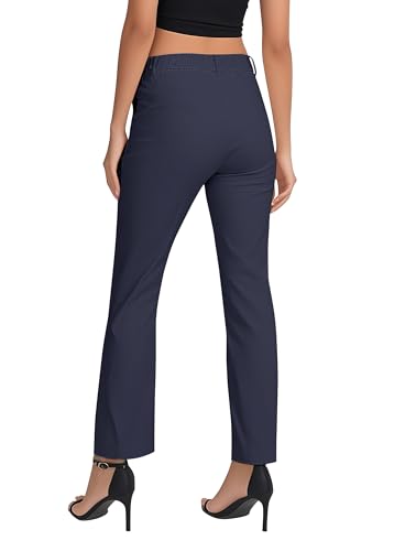 EXCHIC Damen Komfortabel Dehnbar Gerade Bein Freizeit Hosen Hohe Taille Arbeitshose mit Taschen(M, Marineblau)