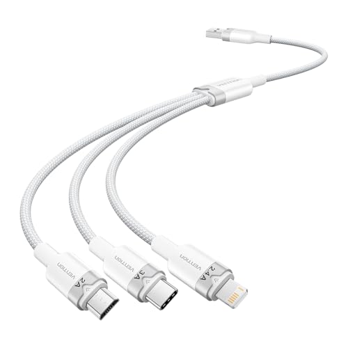 VENTION Cable USB 2.0 A Macho a 3 en 1 USB-C y Lightning y Micro-B Macho 3 A, 1,5 m, Tipo aleación de Aluminio Blanco