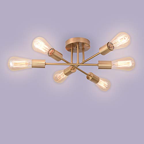 Asvert Lámpara de Techo Araña con 6 Brazos Iluinación de Techo Lámpara colgante Vintage para sala de estar Dormitorio Comedor (Sin bombilla)(Oro)