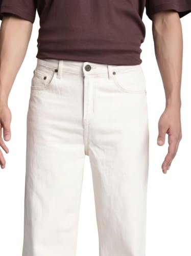 Image of Men Baggy Jeans Beige Loose Fit Cotton Blend Denim Wide Leg Stylish Casual Wear Pant