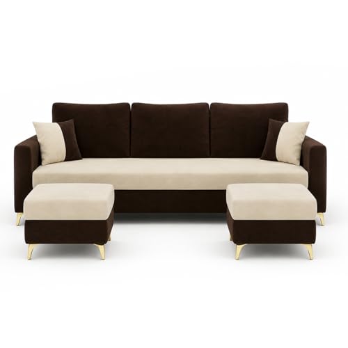 Image of Classiq Rich 5 Seater L Shape Sofa Set with 2 Movable Ottomans | Flexible Layout | Rich Velvet Suede Fabric | Silver Legs | Dual Tone Modern Sofa for Living Room (Dark Brown-Cream)